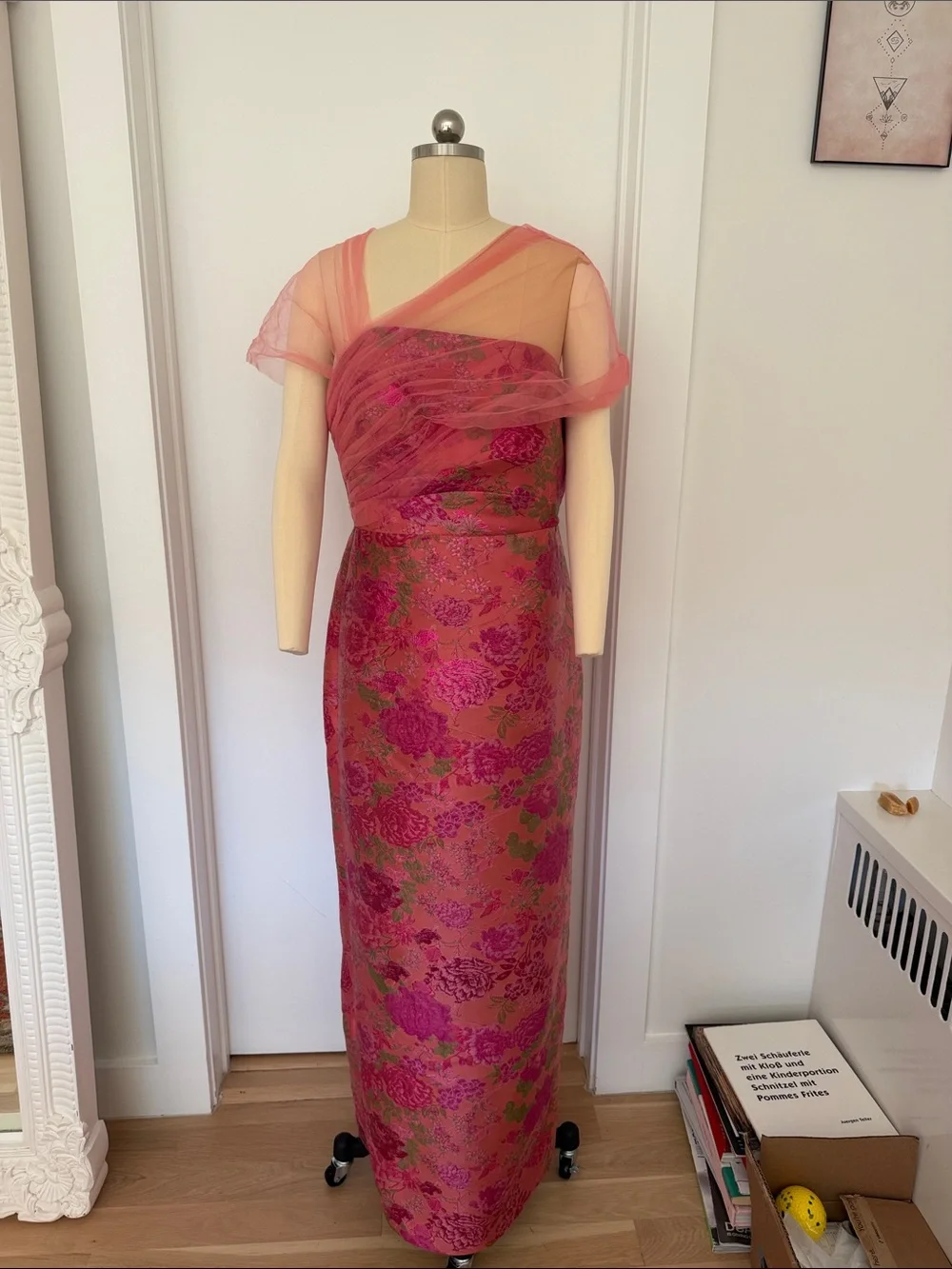 Theia Pink and Green Floral Brocade Maxi Gown with Sheer Capelet - Picture 1 of 8